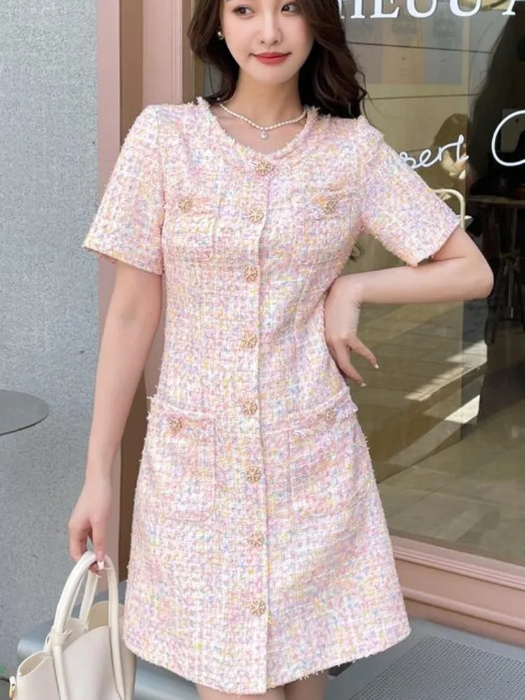 High Quality French Vintage Small Fragrance Tweed Summer Dress Women Elegant Fashion Chic Slim Waist Short Dresses Vestidos 250603