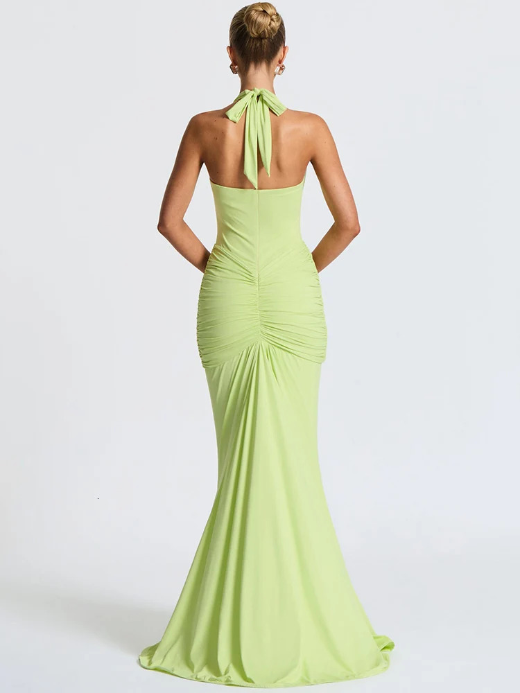 Mozision Deep V Neck Backless Ruched Sexy Maxi Dress Women Gown Summer Halter Sleeveless Draped Club Party Long Dress 2025 250605