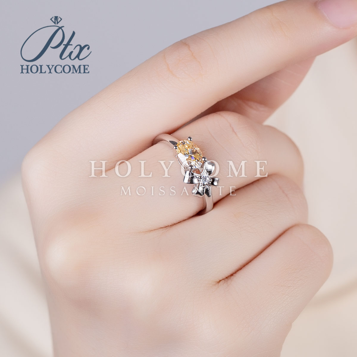 High Quality Oval Shape Champagne Bow Ring Fashion Jewelry 1Ct Moissanite Diamond 925 Sterling Silver Women Bridal Ring for Party Gift