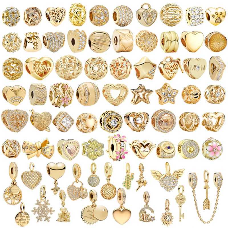 New Fine Sparkling Gold Family Pendant HeartShed Charm Beads Fit Original European 925 Silver Bracelet DIY Women Jewelry GiftsXJ250607