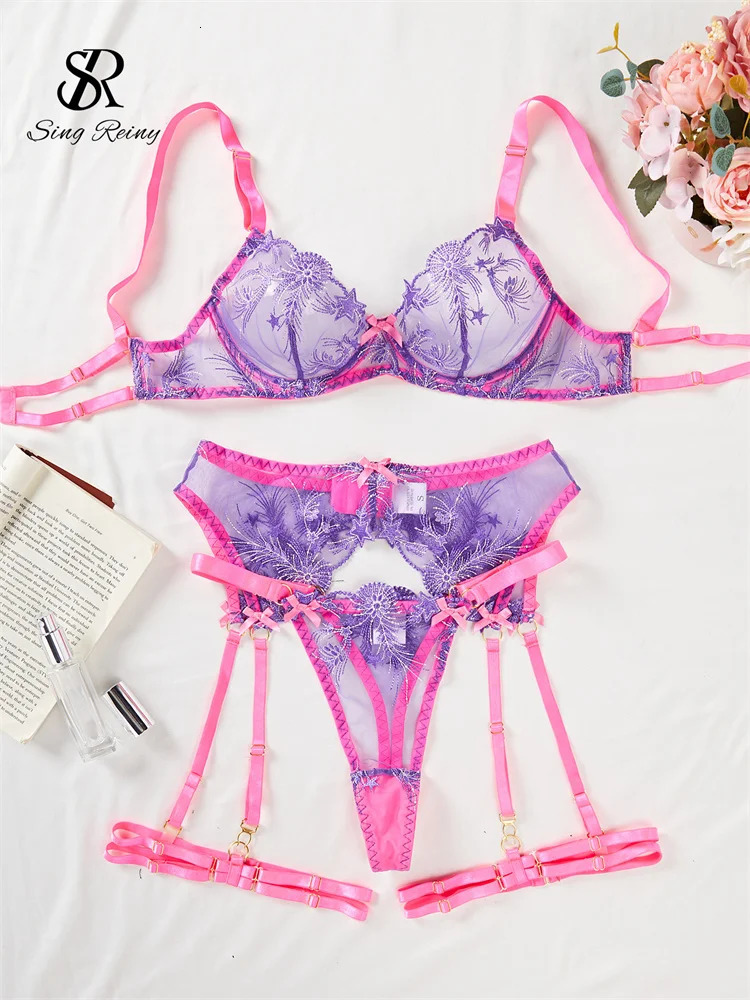 SINGREINY Fashion Star Embroidery Erotic Bra Suits Garter Strap Bodycon Sleepwear Women Patchwork Sexy Sheath Underwear Sets 250603