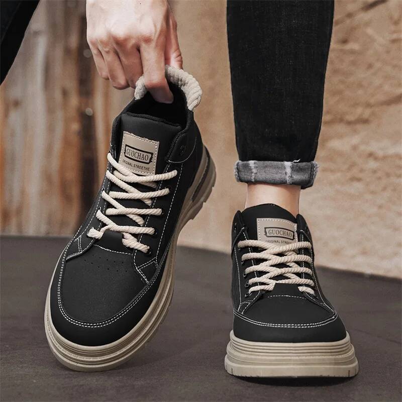 Ddmyoutdoor New British Retro Mid Black Versatile Men S Platform Anti Slip Casual Workwear Shoes Trendy Low Top Short Boots Outdoor Shoes