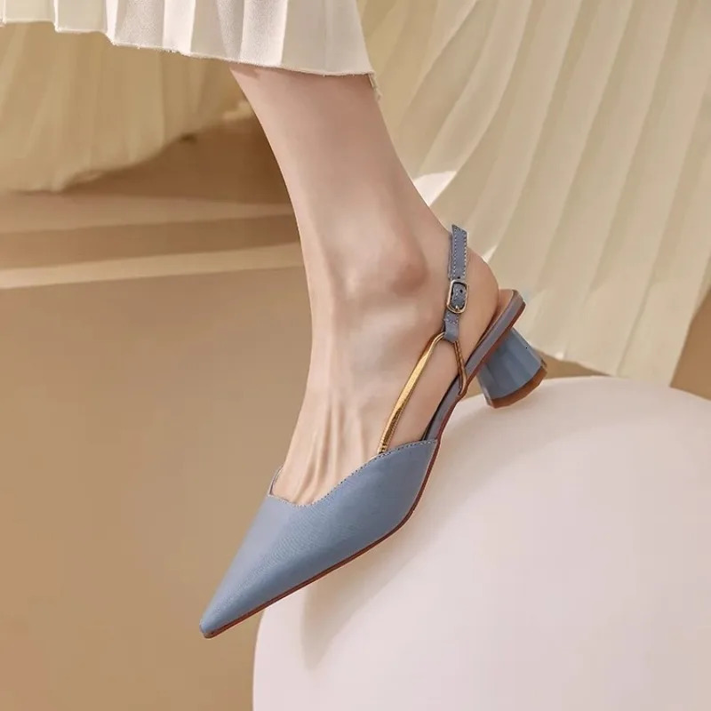 French Satin Style Sandals Spring Women Baotou Mid Heel Pointed Versatile Single Shoes 250605