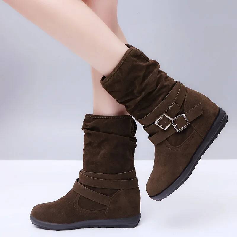 Ddmyoutdoor Women Fashion Casual Suede Leather Buckle Boots High Heeled Snow For Femme Ladies Shoes Outdoor Shoes