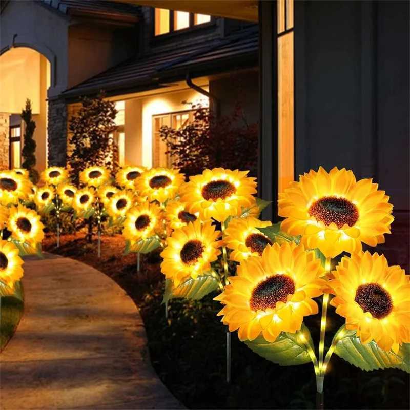 1/3 Head LED Solar Simulation Sunflower Lights Garden Decor Yard Lawn Night Lights Landscape Lamp Home Decoration Flower Light XJ250606