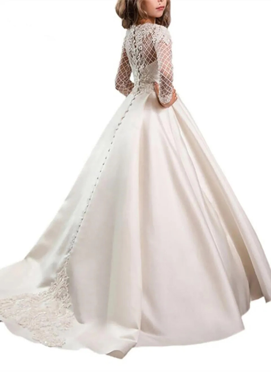 Princess White Lace Flower Girl Dresses Long Sleeves First Communion Gowns Birthday Party Dresses with Buttons Pageant Gown
