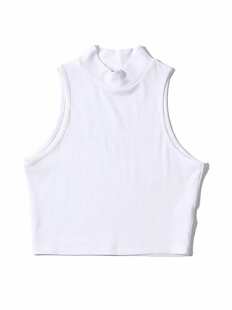 Summer Black Women Fashion Crop Top High Neck White Sleeveless Tank Tops 5 Colors 250527