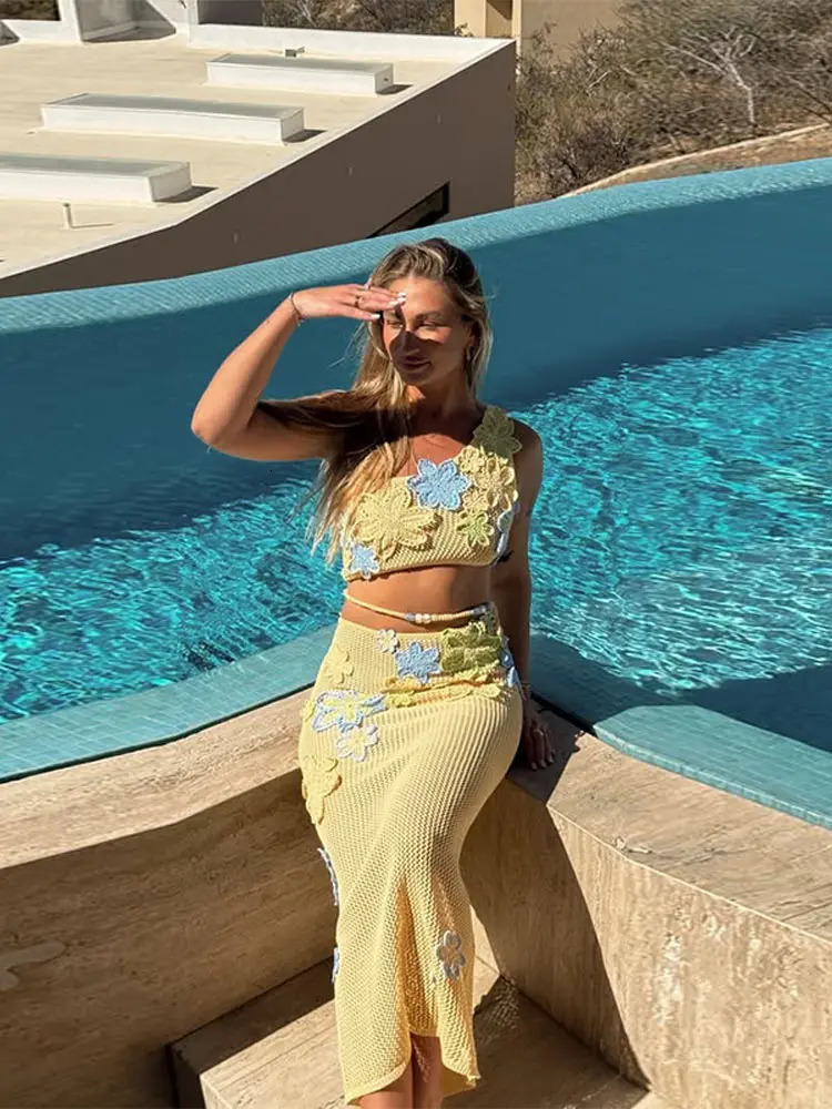 Sexy Flower Crochet Beading Top Skirt Set Women Holiday Halter Lace Up Crop Top Long Hallow Out Slim Skirts 2025 Fashion Suit 250605