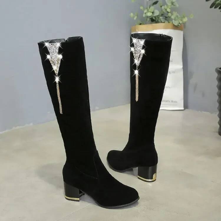 Ddmyoutdoor Women S Long Boots Fashion Rhinestone Thick Heeled High Knee High Zipper Retro Knight Boot Shoes Outdoor Shoes