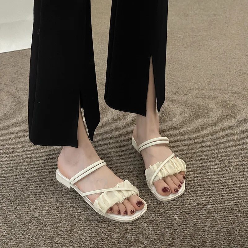 Fashion Woman Sandals Women Sandals Ladies Square Heels Elegant Summer Slippers Outside Cross Tied Leather Female Slides 250605