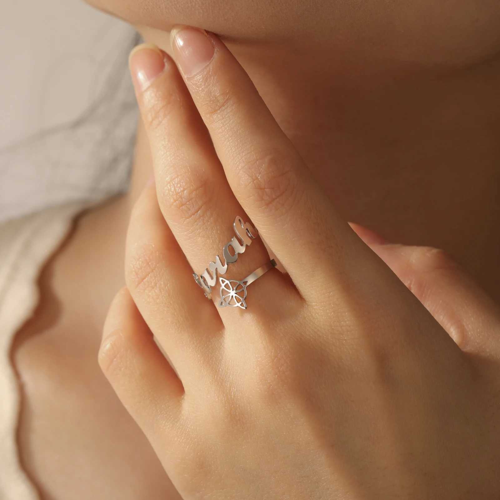 COOLTIME Customized Name Witch Knot Ring Stainless Steel Personalized Irish Couple Ring Amulet Jewelry Gift Womens Rings W250606