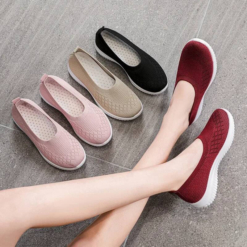 ddmyoutdoor High Quality Knitted Women S Vulcanize Breathable Sneakers Flat Heel Slip On Ladies Casual Shoes Outdoor Outdoor Shoes