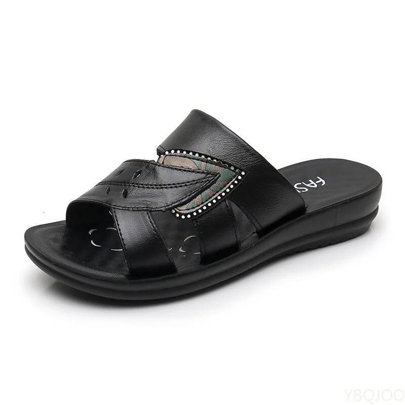 Ddmyoutdoor Slippers Genuine Leather Casual Slides Women Summer Retro Solid Mother Shoes Wedges Flip Flops Outdoor Shoes