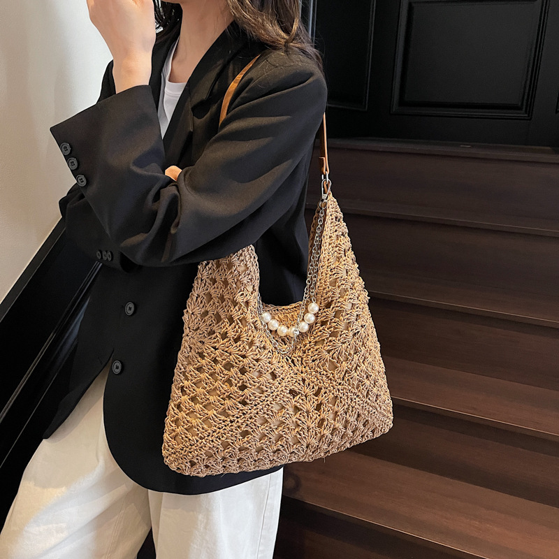 designer Woven Bag Beach 2025 Handmade Straw Hollow Bag Square Flower Triangle Color-Block Woven Shoulder Tote Handbag