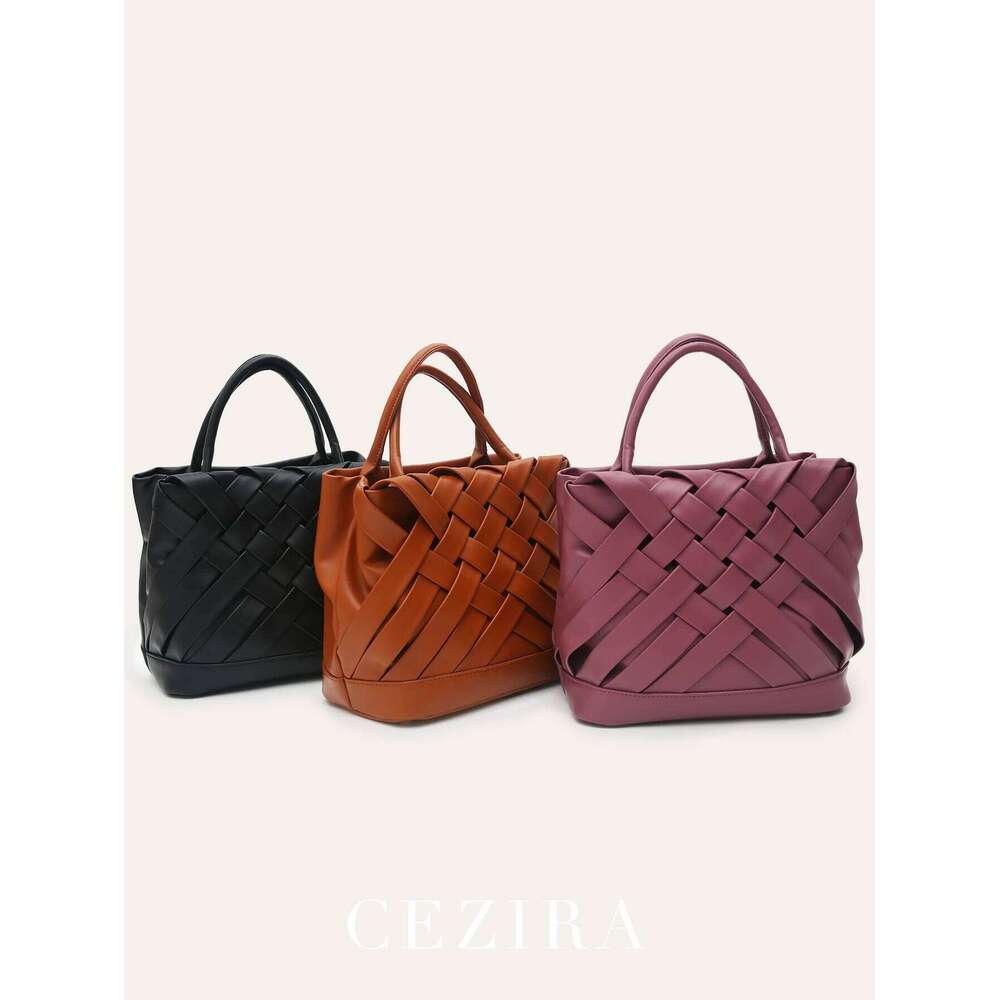 CEZIRA Handmade Woven Handbags For Women Fashion PU Vegan Leather Top-Handle Purse Tote Bucket Cross Body Bags Daily Sac