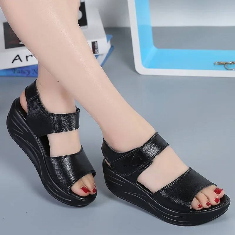 Ddmyoutdoor Women S Ladies Female Genuine Leather Shoes Platform Sandals High Heels Summer Cool Beach Flip Flop Outdoor Shoes