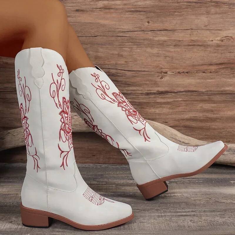 Ddmyoutdoor Retro Embroidery Low Heels Western For Women Autumn Pointed Toe Cowboy Woman Black Suede Knight Boots Plus Size Outdoor Shoes