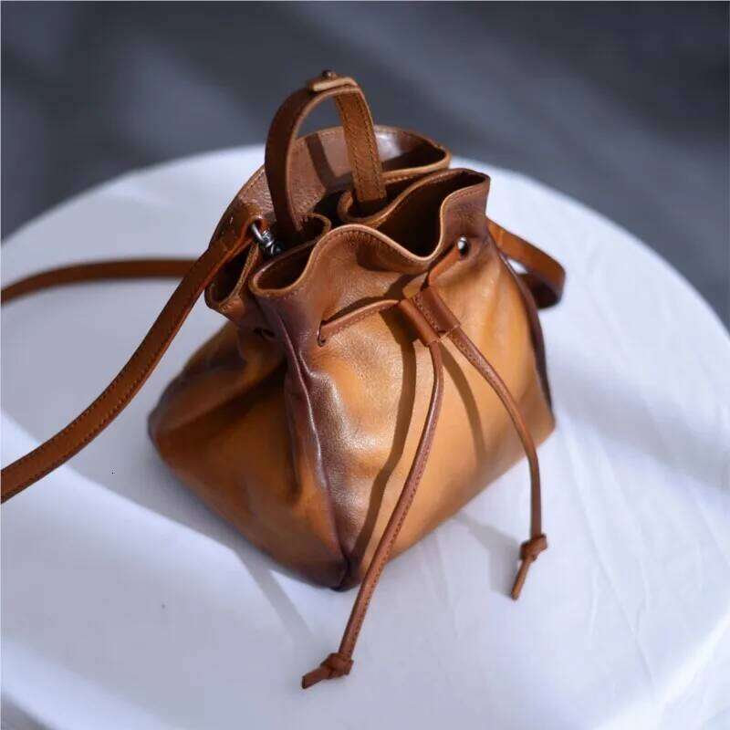 Johnature Vintage Drawstring Bucket Bag Genuine Leather Summer 2025 New High Quality Natural Cowhide Shoulder & Crossbody Bags