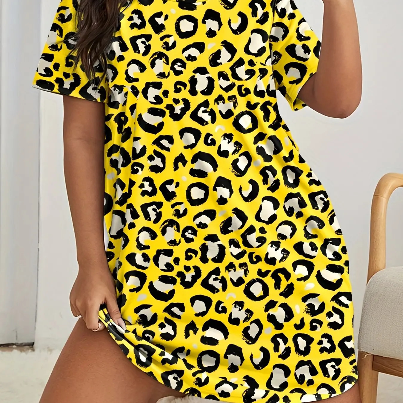 Plus Size Printed With Love Womens Dresses Summer Home Stretchy Nightgowns Leopard Knee 250526