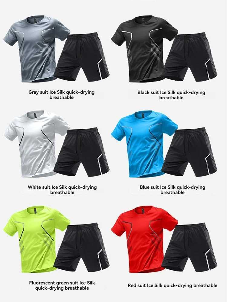 Tracksuit Suit Men Ice Silk Running Quick Dry Shirt Short Sleeve Summer Thin Shorts Fitness Basketball Training Wear Soccer Ball W250609