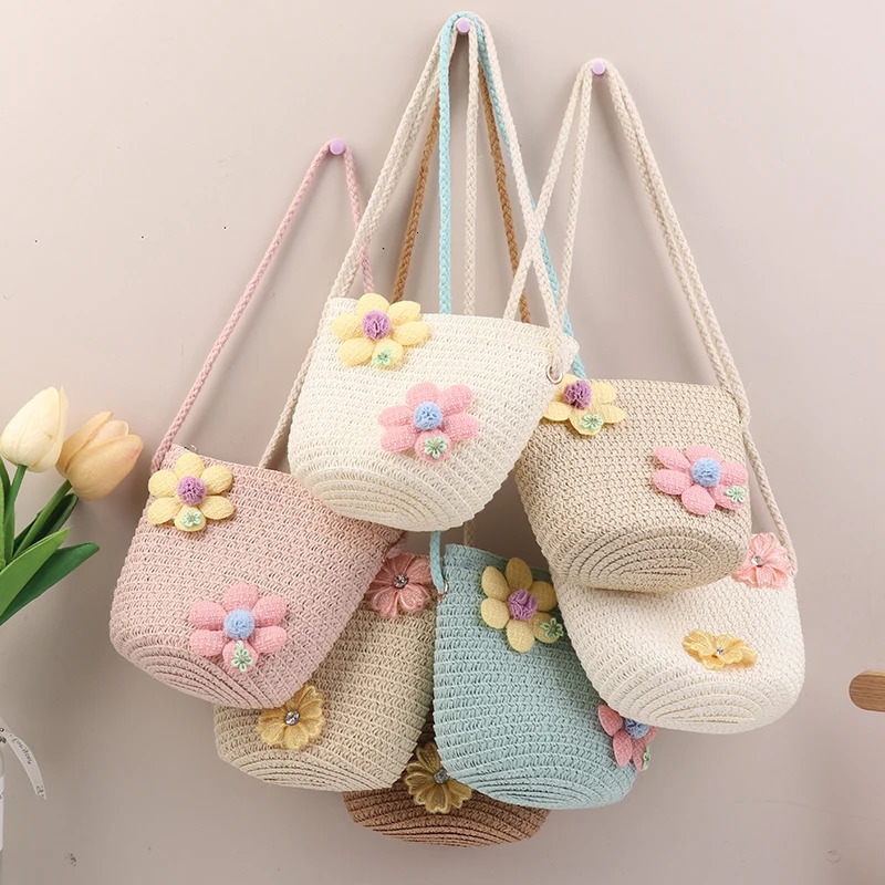 Cute Straw Shoulder Bags Girls Handmade Woven Crossbody Bag Kids Messenger Mini Coin Purse Beach Po Props 250605
