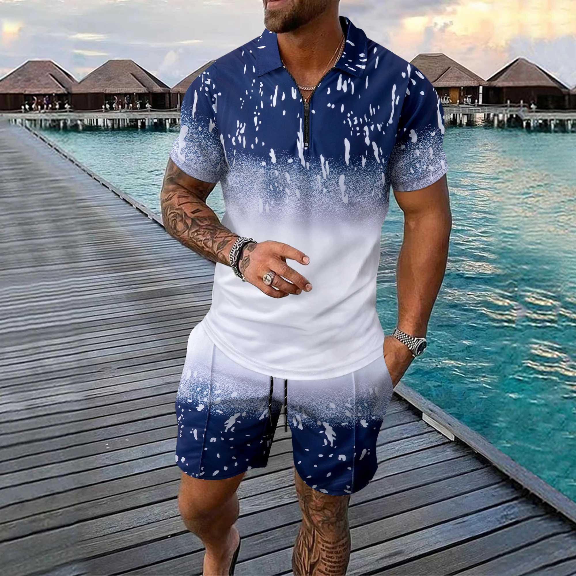 Funny 3D Plaid Print Mens Short Sleeve Sets Fashion Zip Polo Tops +Shorts Outfit Summer Loose T-shirts Suit Casual Men Clothing W250609