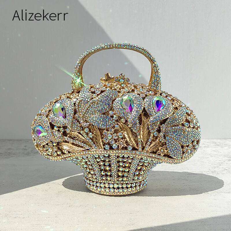 Alizekerr Flower Basket Crystal Evening Bags Women Designer Elegant Bling Rhinestone Metallic Clutch Purses Wedding Party