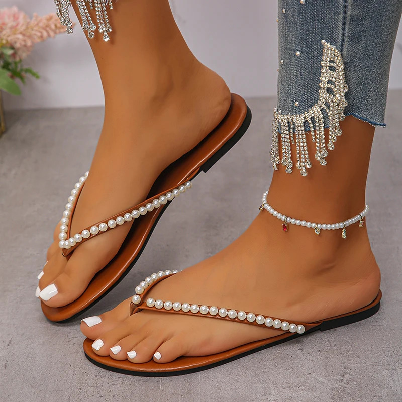Fashion Pearls Beach Flip Flops for Women 2025 Summer Clip Toe Flat Slides Sandals Woman Comfortable Non Slip Outdoor Slippers 250603
