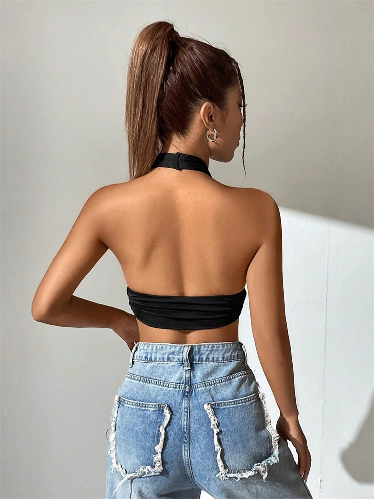 Sleeveless Backless Deep Vneck Halter Top Women Summer 2024 Club Party Sexy Solid Color Crop Tops Streetwear Y2K Clothes 250527