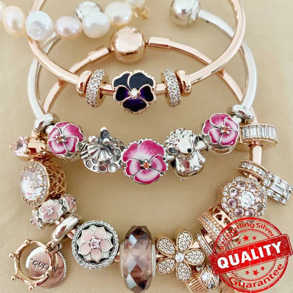 Tren Sterling Silver Pink Pansy Flower Charm Fit Original Bracelet 925 Silver Blue Butterfly Charm Fine Jewelry Gift XJ250607