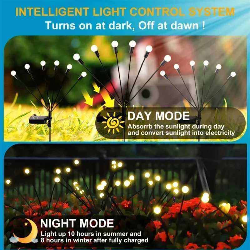 6/8 LED Solar Firefly Garden Lights Waterproof Swinging Flexible Wire Lamp for Outdoor Patio Yard Christmas New Year Decoration W250607