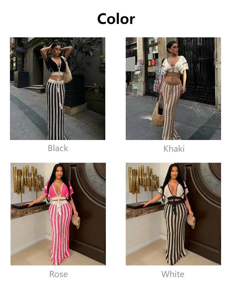2025 Summer Vacation Outfits Striped Knitted Dress Sets Hollow Out Long Skirts With V-Neck Short Sleeve Crop Tops for Women 250605