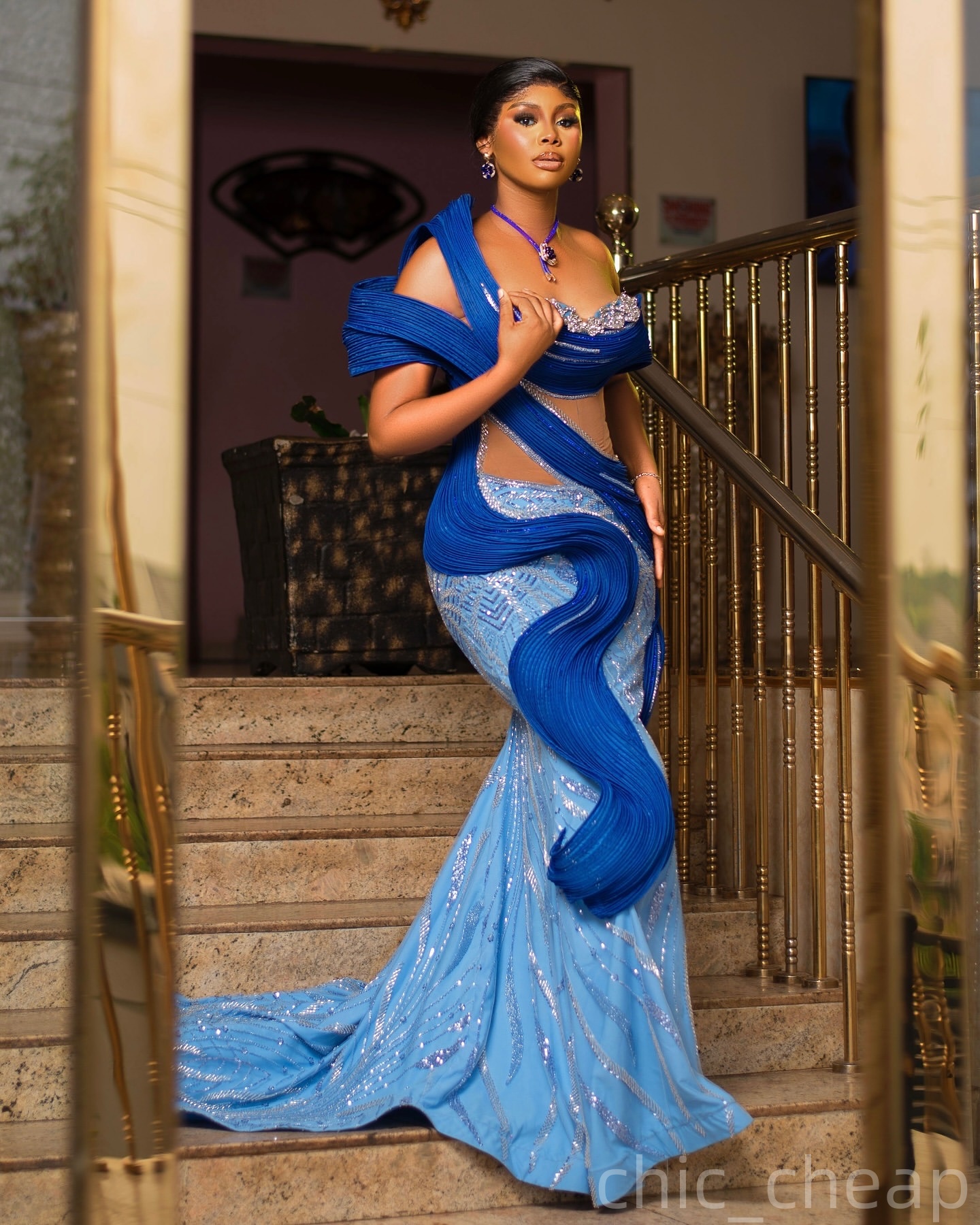 Sky Blue Mermaid Prom Dresses 2025 Beaded Sequined One Shoulder Evening Formal Party Second Birthday Engagement Gowns Plus Size Dress For Special Occa