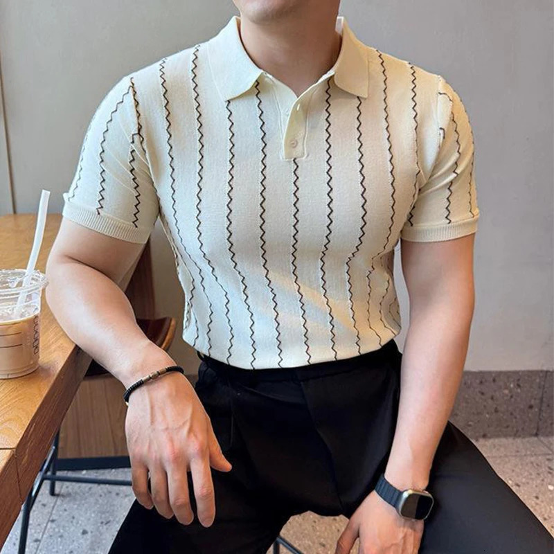2025 Spring Summer Casual Mens Polo Shirt Vintage Striped Crochet Buttoned Polo Neck Knit Tops Men Fashion Slim Fit Polos 250605