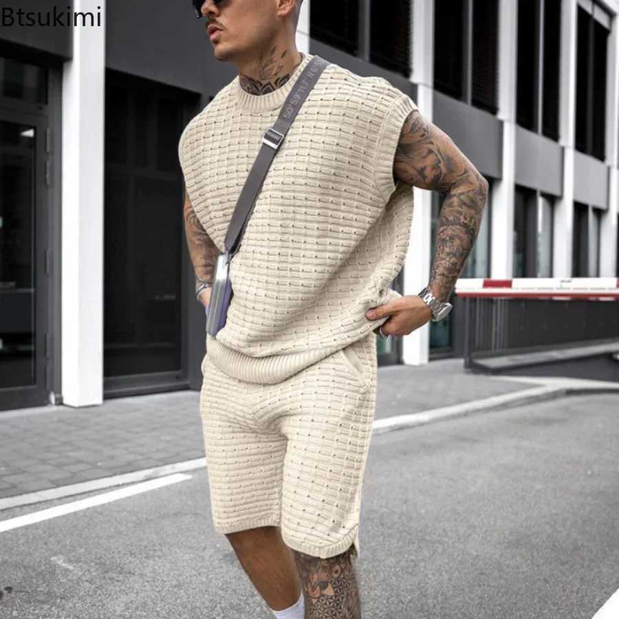 New 2025 Mens Two Piece Casual Sets for Summer Solid Sleeveless Tops Shirts and Shorts Sets Male Streetwear Tracksuit Sets Men W250609