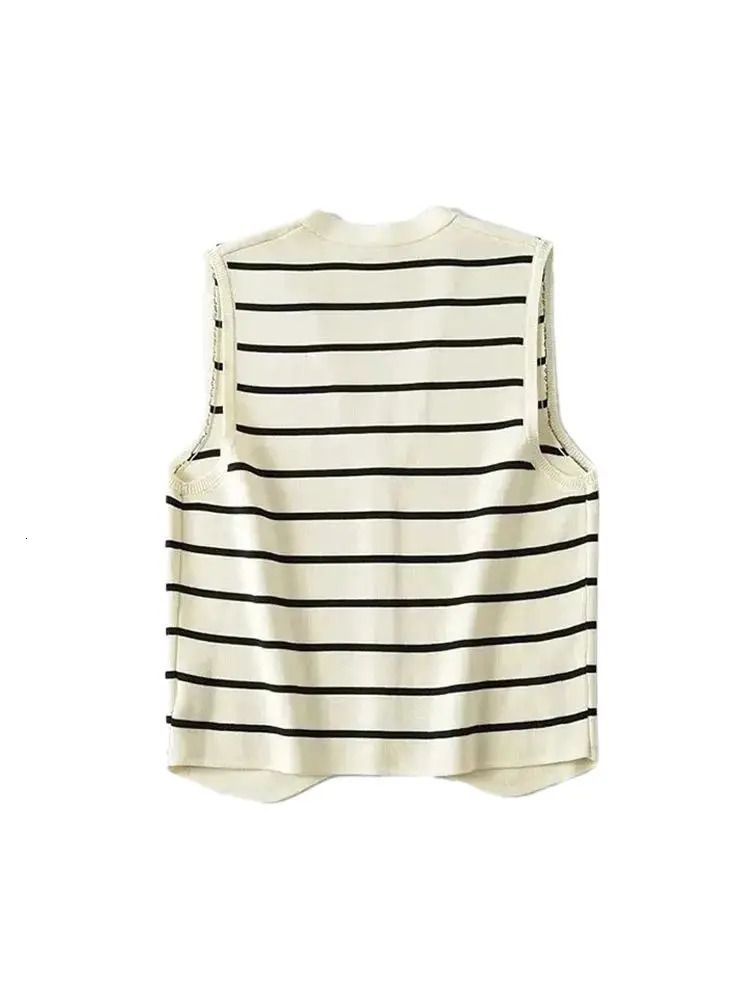 TRZA Women Fashion Front Button Striped Knit Vest Sweater Vintage V Neck Sleeveless Female Waistcoat Chic Tops 250530