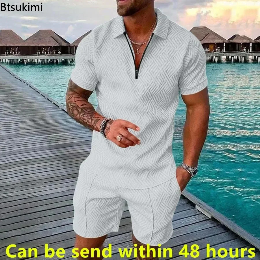 Men Polo Suit Fashion Mens Summer Solid Half Zip Short Sleeve Polo ShirtShorts 2 PCS Sets Men Casual Sport Suit Streetwear 250605