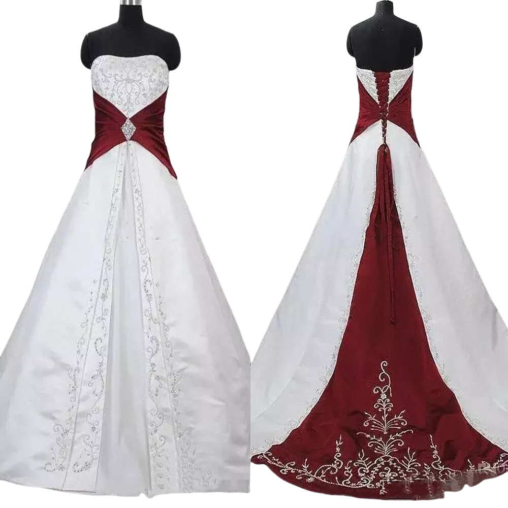 White And Dark Red Embroidery Wedding Dresses Strapless Satin A-Line Long Bridal Gown Corset Vintage Plus Size Bride Formal Occasion Wear