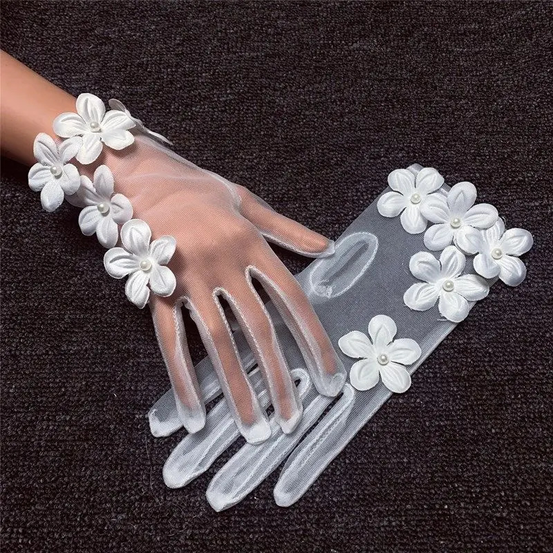 Korean Simple Short White Transparent Mesh Flower Pearl Wedding Dresses Gloves For Bride Evening Parties etiquette Accessories 250603