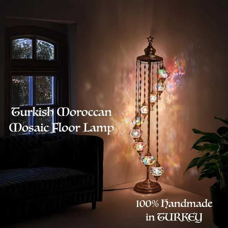 9-Globe Turkish Moroccan Mosaic Floor Lamp - 70 Tall Handmade Bohemian Tiffany-Style Lighting for Bedroom Living Room W250607