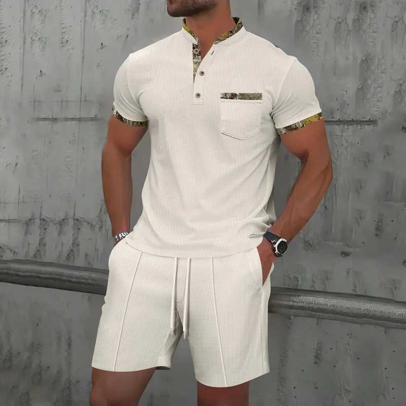 Mens Light Luxury Polo Shirt Set Summer Mens Stand up Collar Button Pocket Waffle Short Sleeve T-shirt Sports Trend Mens Suit W250609