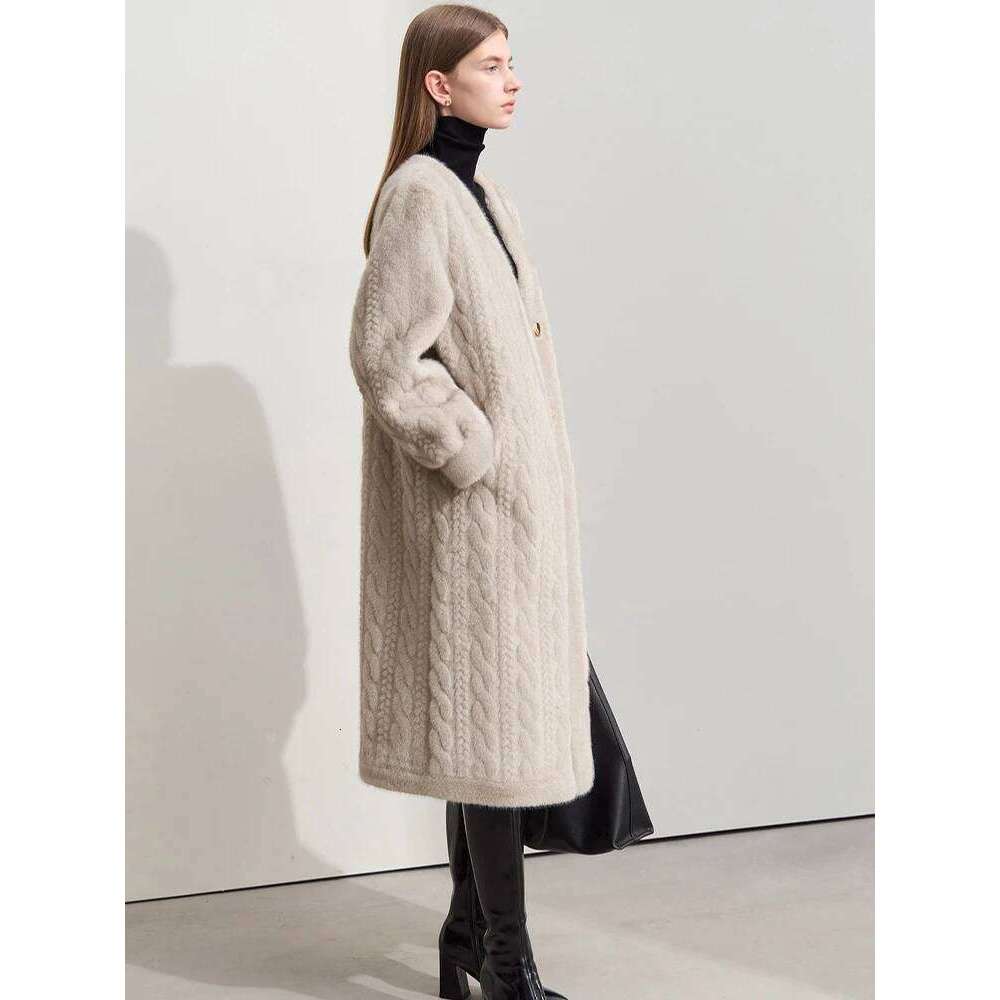 Women Cardigan Thickened Long2025Spring And Autumn V-neck Jacket Female Loose Simple Leisure With Buttons Faux Fur Mink Coat