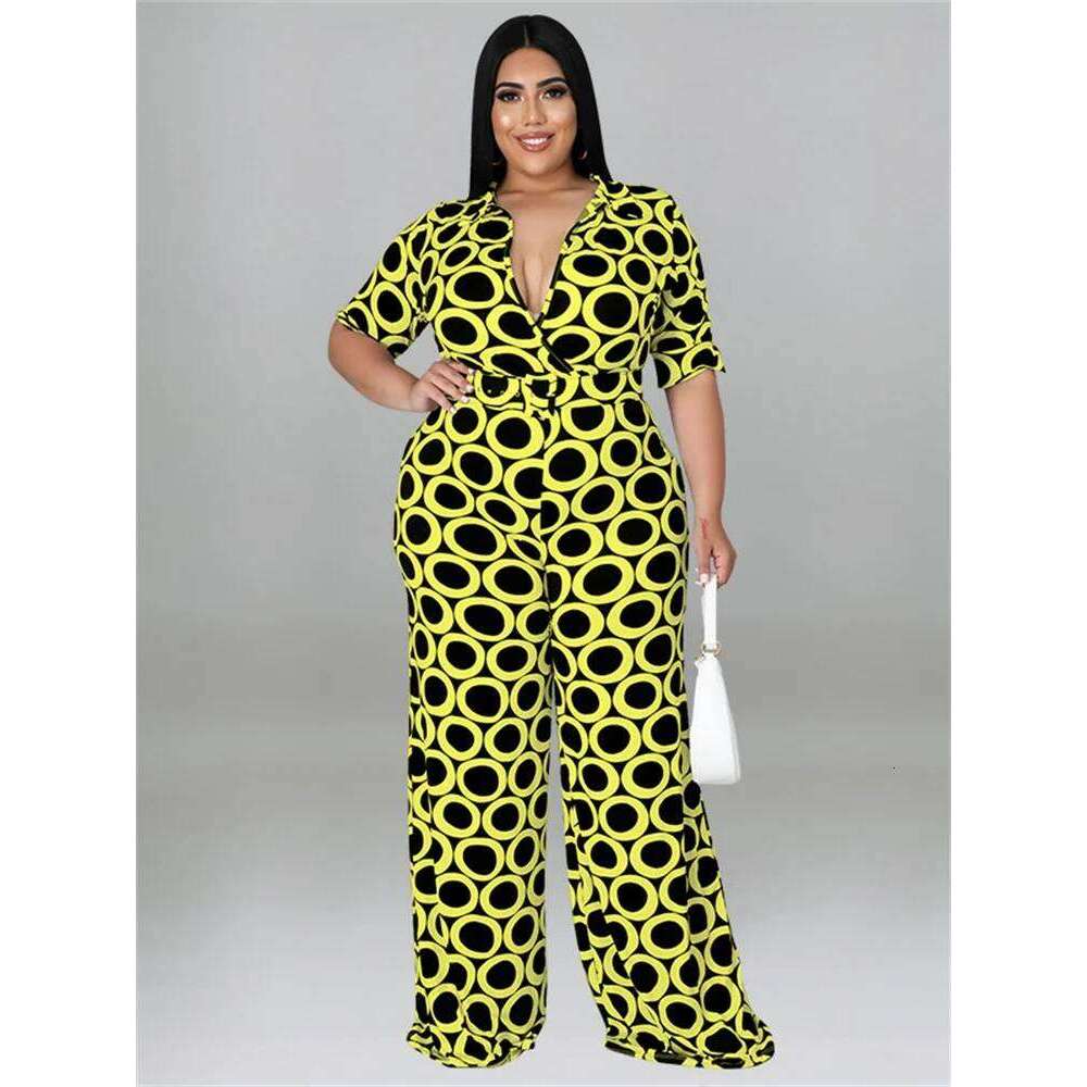 Wmstar Plus Size Women Jumpsuit Summer Clothes Printed V Neck with Belt Urban Leisure Bodysuit New 2022 Wholesale Dropshipping