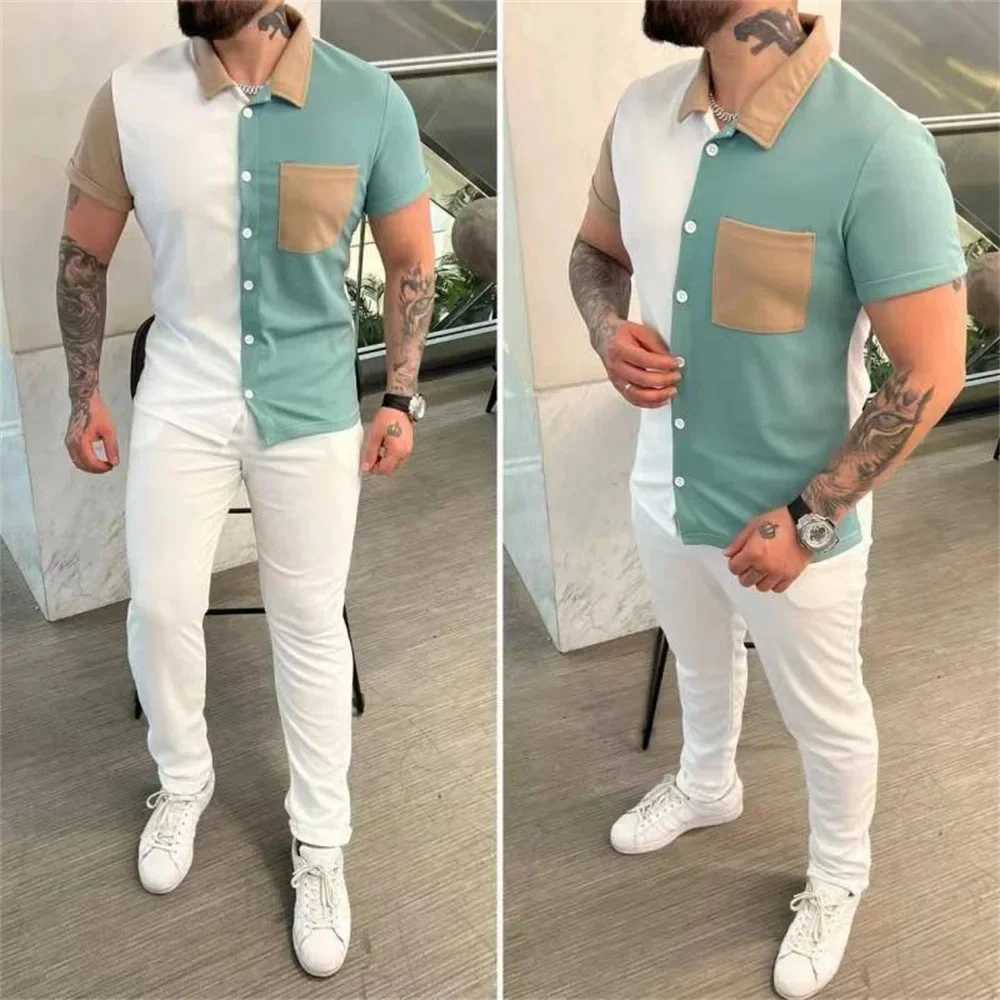 Men Pant Set Two Piece Sets Short Sleeve Turn Down Collar Single Breasted Shirt Tops Splice High Waist Long Pants 2024 W250609