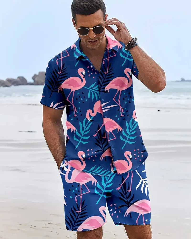 New Summer Flamingo Print Mens Short Sleeve Shirt Hawaii Mens Sports Shorts Summer y2k Mens Casual Shirt and Beach Shorts Set W250609