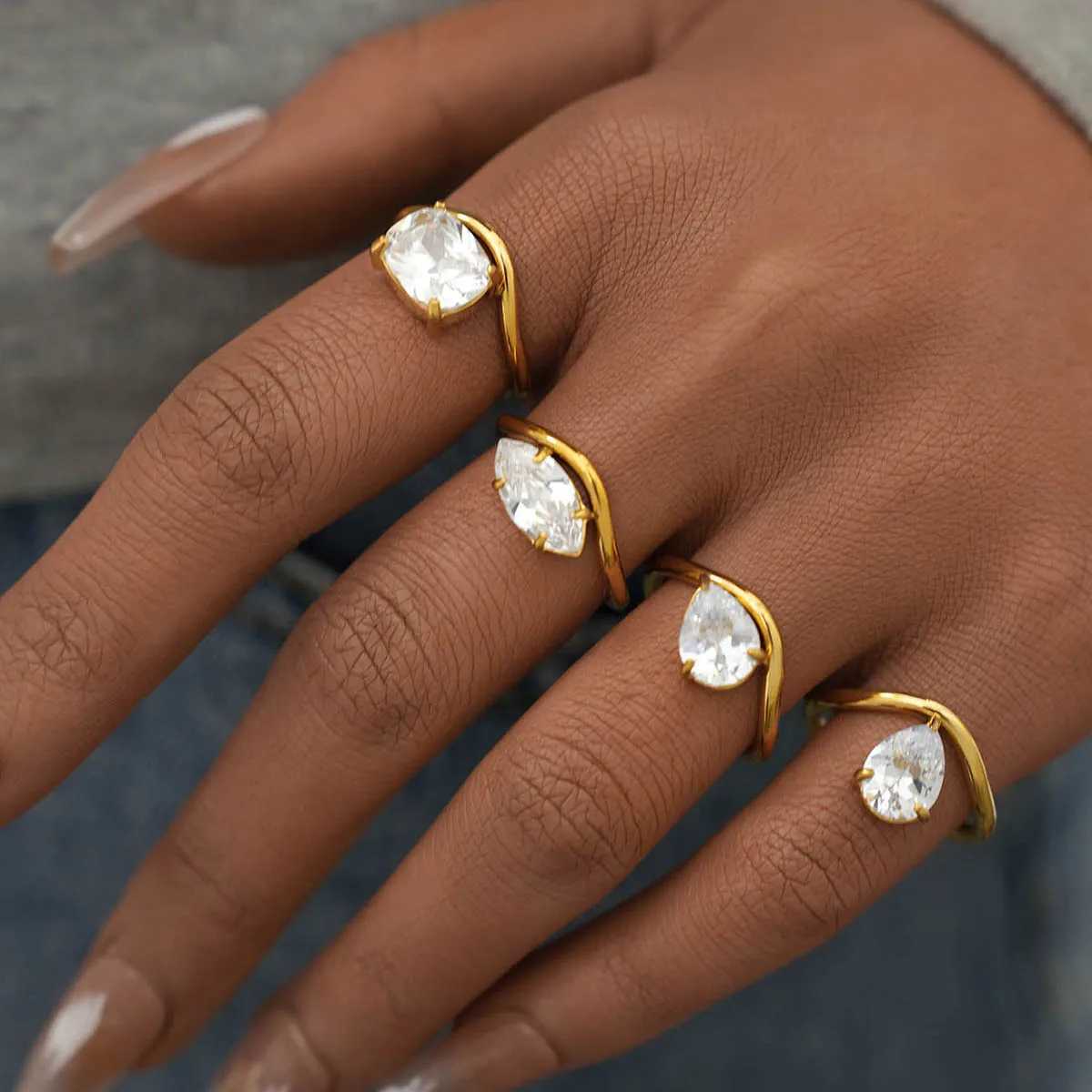 Luxury Shiny AAA Cubic Zirconia Stainless Steel Geometric Rings Waterproof High Quality Textured Jewelry Accessories for Women XJ250606