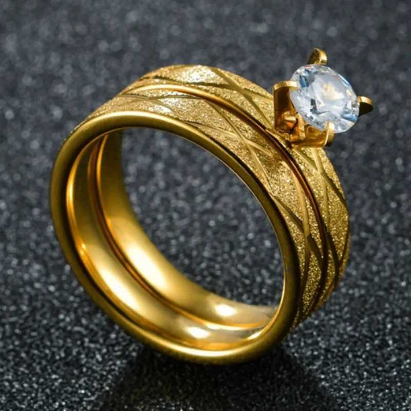 6mm Stainless Steel Couple Rings Never Fade Gold Color Crystal Wedding Ring for Women Men Lover Gift Femme Jewelry W250606