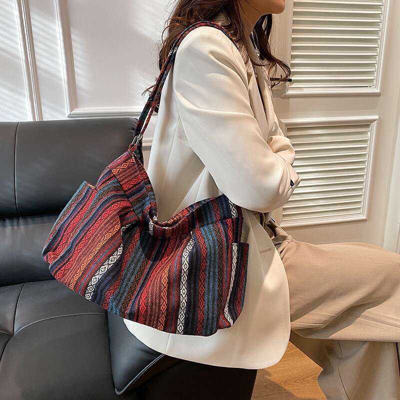 Large Capacity Ethnic Style Crossbody Women Fashion Printed Knitted Fabric Shoulder Casual Trendy Tote Bag for Going Out
