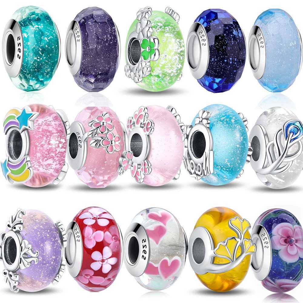 Genuine 925 Sterling Silver Murano Colored Glass Beads Feather Charm Fit Moment Bracelet Girls Fine Jewelry Gifts XJ250607