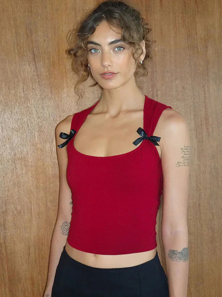 Y2K WomenS Bow TieUp Tank Tops Wide Shoulder Straps Bandage Camisole Sexy Low Cut Crop Female Vest 250527